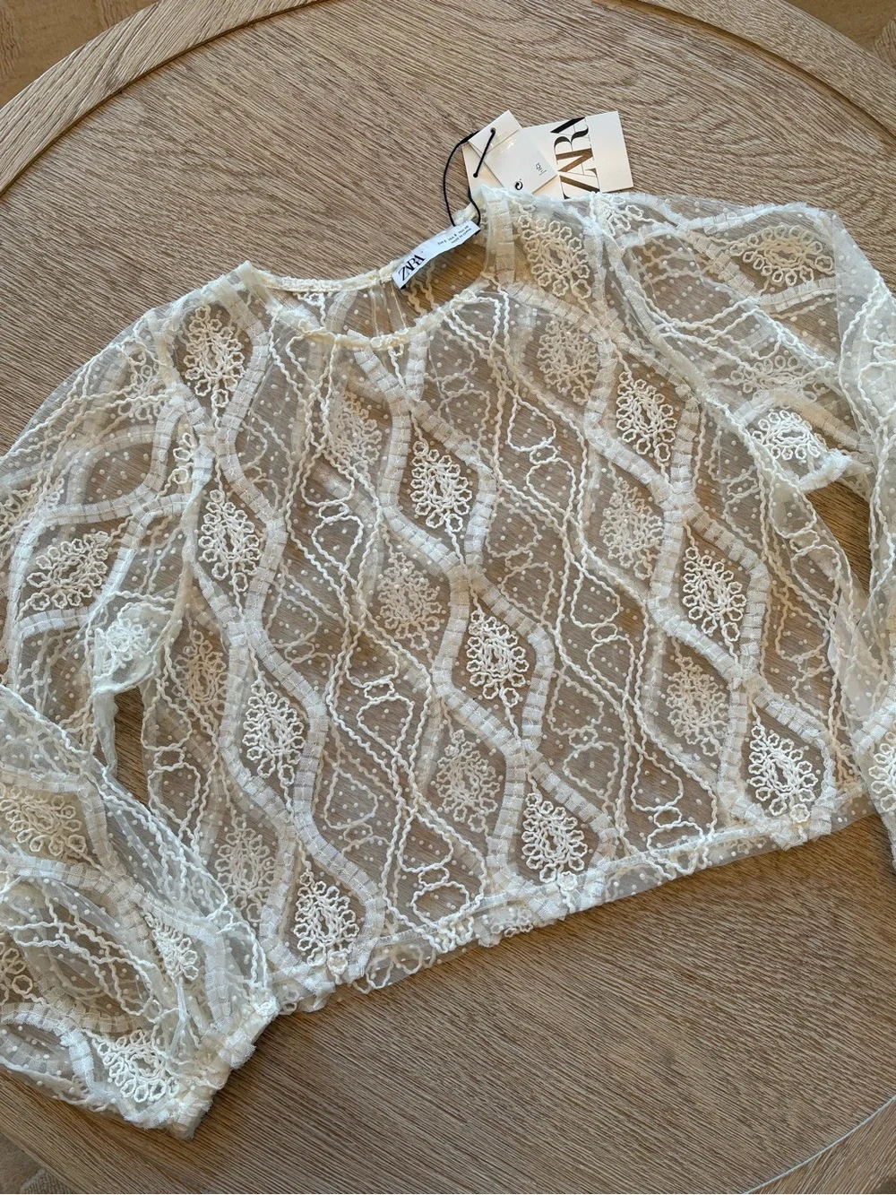 NWT Zara Sheer Ivory Lace Blouse With Ivory Embroidery